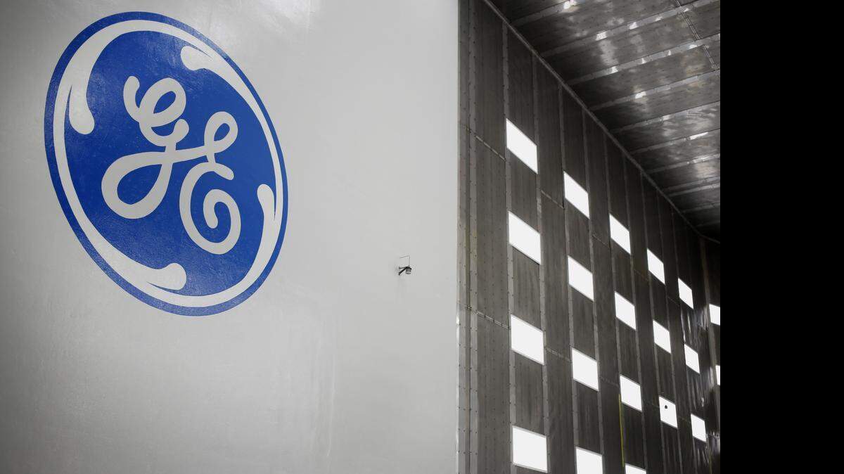 
The General Electric logo is displayed inside a test tunnel at the GE Aviation Test Operations facility in Peebles, Ohio, on April 14.
