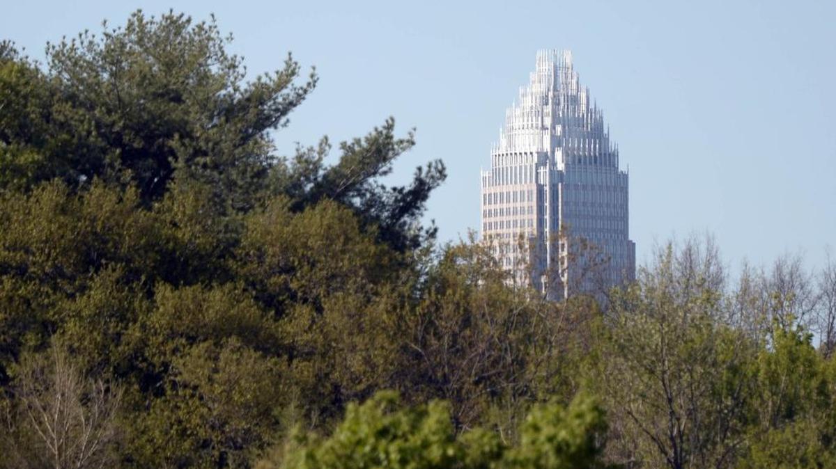 The spires of the Bank of America Corporate Center tower above the canopy of trees in Freedom Park in Charlotte.