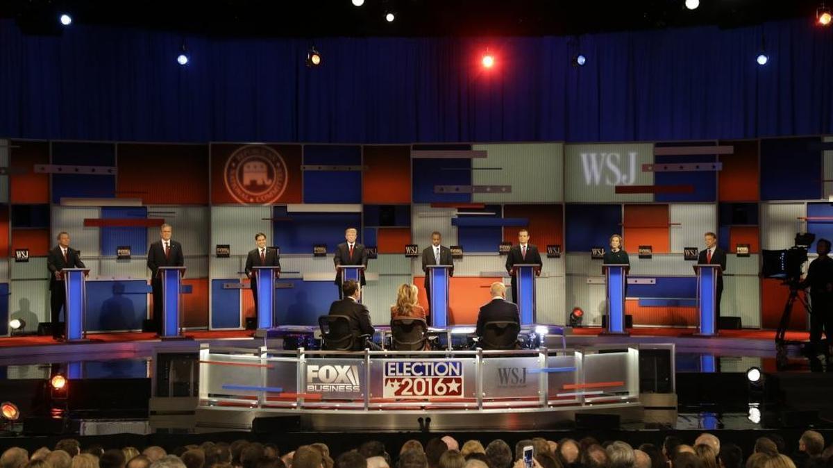 Republican presidential candidates John Kasich, Jeb Bush, Marco Rubio, Donald Trump, Ben Carson, Ted Cruz, Carly Fiorina and Rand Paul appear during the Republican presidential debate at the Milwaukee Theatre on Tuesday, Nov. 10, 2015, in Milwaukee.
