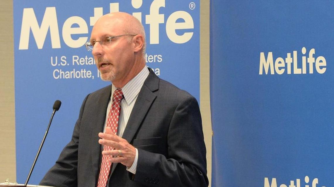 Eric Steigerwalt, executive vice president of MetLife's U.S. Retail division, speaks to the audience announcing that MetLife created more than 1,500 new jobs in Charlotte, as part of the establishment of a headquarters for its U.S. Retail division, during a press conference held at MetLife April 14, 2015.
