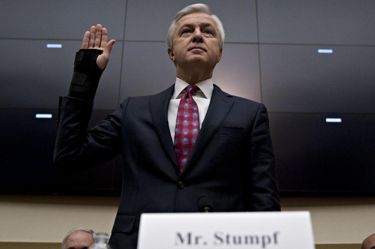 John Stumpf, chief executive officer of Wells Fargo, swears in to a House Financial Services Committee hearing in Washington, D.C., on Sept. 29, 2016.