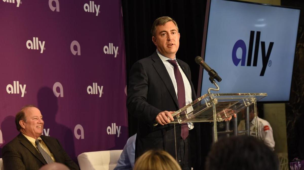 Jeffrey Brown, CEO of Ally Financial, speaks in Detroit on April 14, 2016. Detroit-based Ally said Tuesday its profits fell 57 percent in the first three months of this year compared with the same period last year, when the bank’s financial results were boosted from the sale of a Chinese auto finance joint venture.