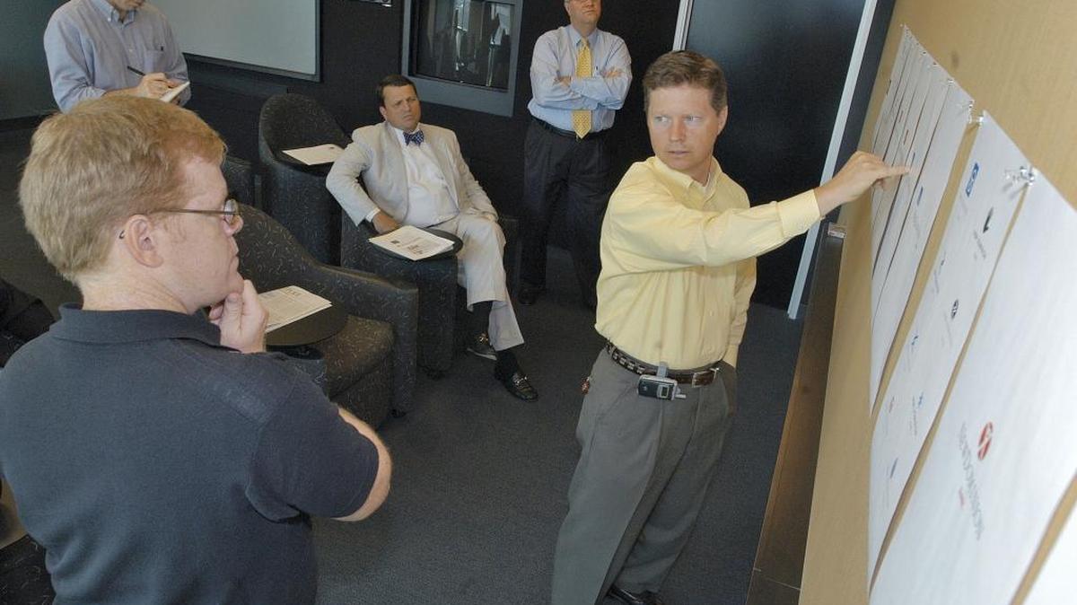 As the process of a new bank becoming a reality in Chalotte, officers and board member gather to meet on the design of NewDominon's color palette and logo. Left to right, designer for Price-McNabb Patrick Short and Cliff Glickman consultant; Bradley Thompson, NewDominion CEO; architect consultant Mike Walker; and Benjie Guion, NewDominion chief financial officer.