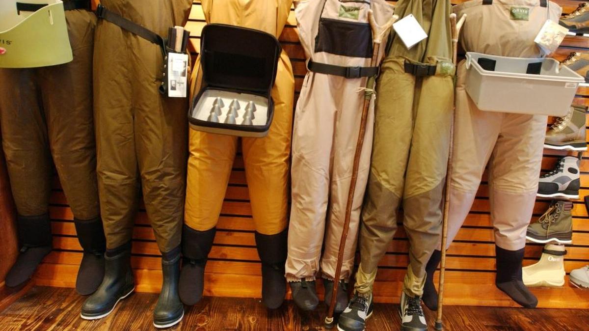 A display of waders is set up near the fishing gear at the new Orvis store at Triangle Town Center in Raleigh.  Orvis will be opening a store at Ridgewood Shopping Center on Wade Avenue.