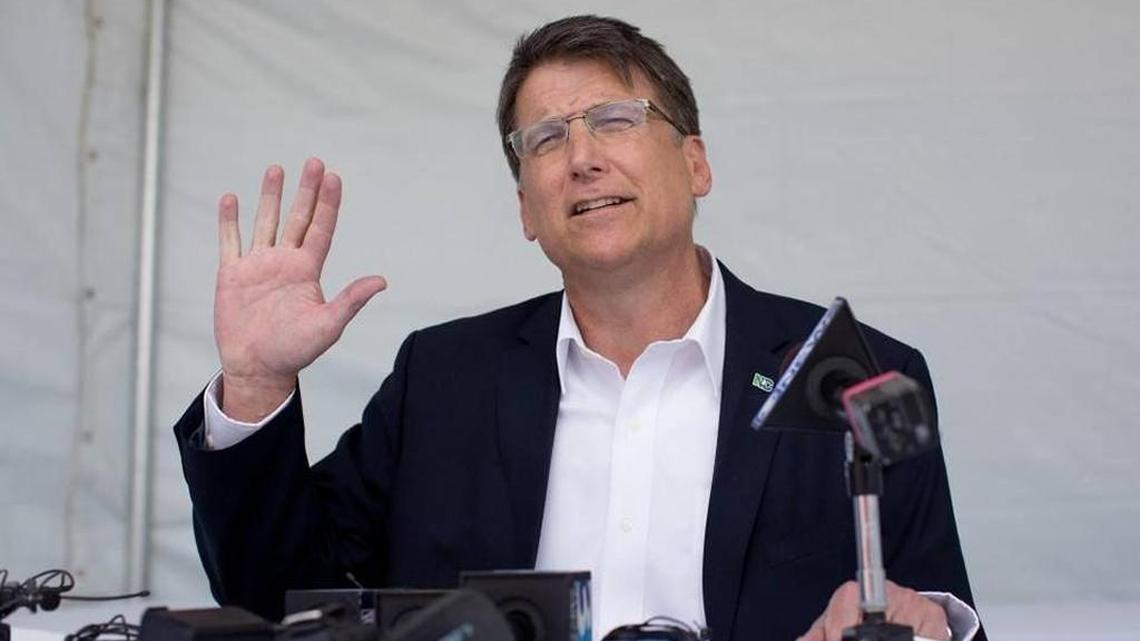 North Carolina Gov. Pat McCrory speaks to the media about House Bill 2 following a Novo Nordisk groundbreaking ceremony March 28, 2016, in Clayton.