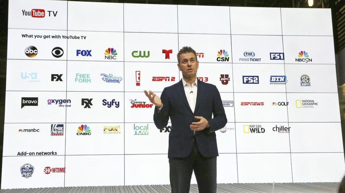 Chief Business Officer Robert Kuncl, with a graphic showing the many networks that will be carried, speaks during the introduction of YouTube TV at YouTube Space LA in Los Angeles Feb. 28, 2017. Google launched its YouTube TV in the Charlotte metro area Thursday.