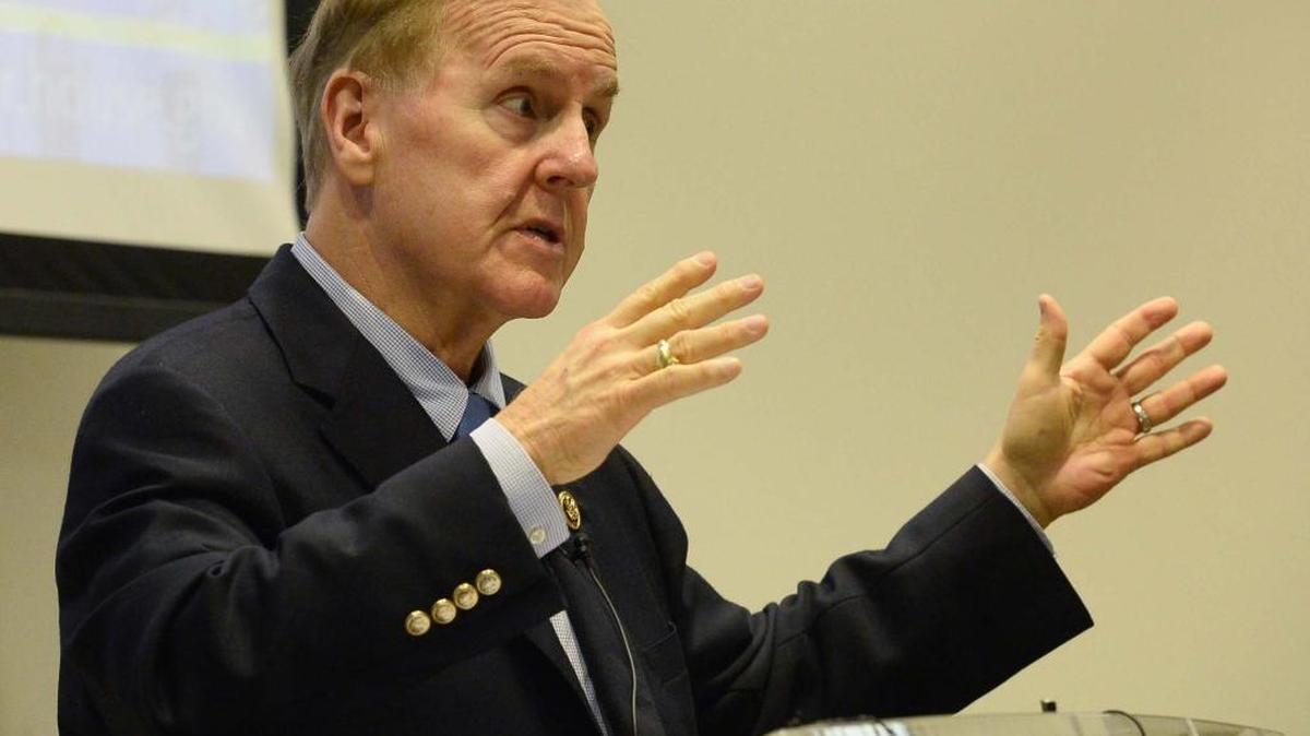 
 Congressman Robert Pittenger speaks to the audience during a town hall meeting in Mooresville on Aug. 11.
