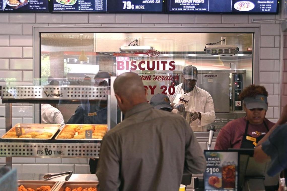 Bojangles historic West End store features a “biscuit theatre” where customers can watch through a window as biscuits are made.