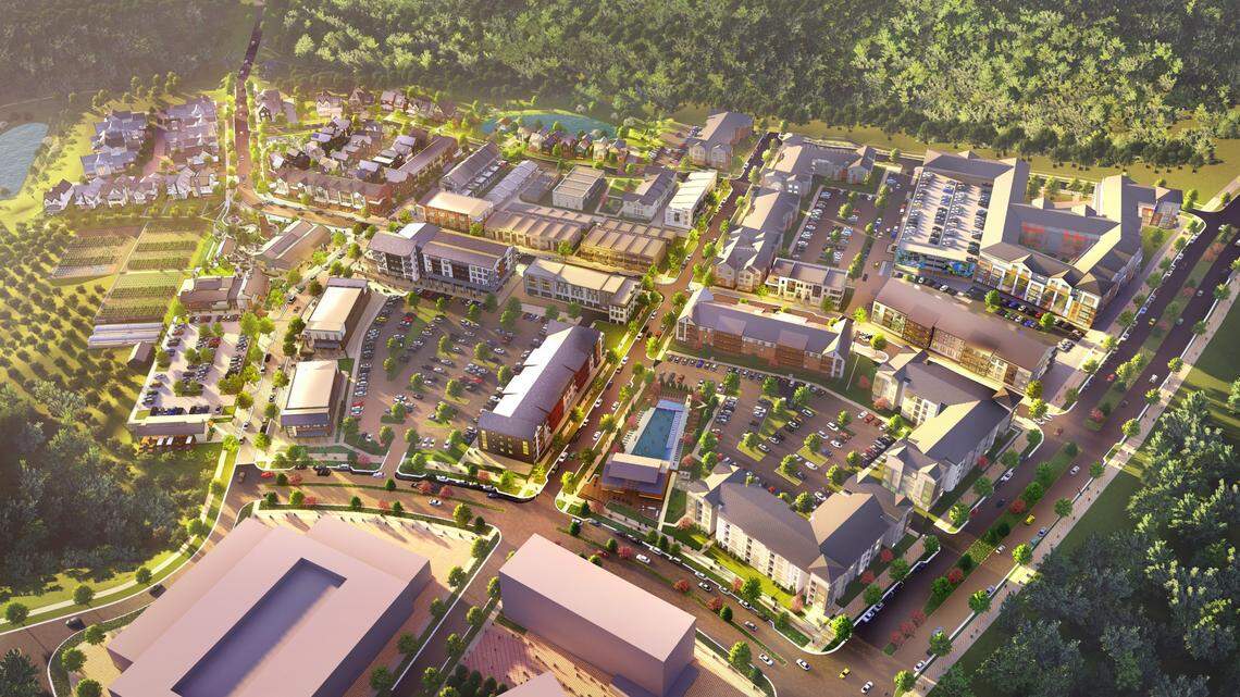 A rendering of the River District, a 1,400-acre development expected to transform a largely vacant tract along the Catawba River about 8 miles from uptown Charlotte. Work has already begun on infrastructure like roads, water and sewer.