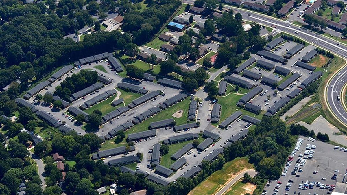 Aerial view of Arcadian Village, which sold for almost eight times its tax value this year. Older apartments such as this could see the biggest impact of Mecklenburg County’s tax revaluation.