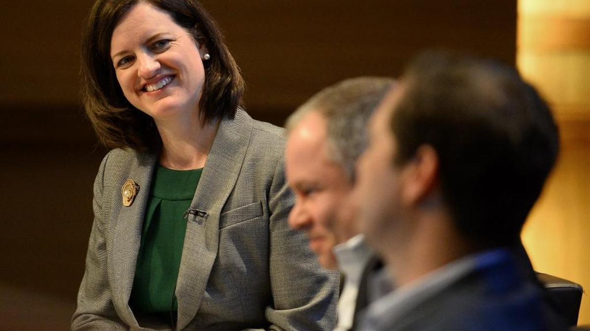 NC state treasurer Janet Cowell, left, mediates a panel following an announcement about the pension fund’s Innovation Fund at the Bechtler Museum of Modern Art in Charlotte, NC on Wednesday, April 22, 2015.