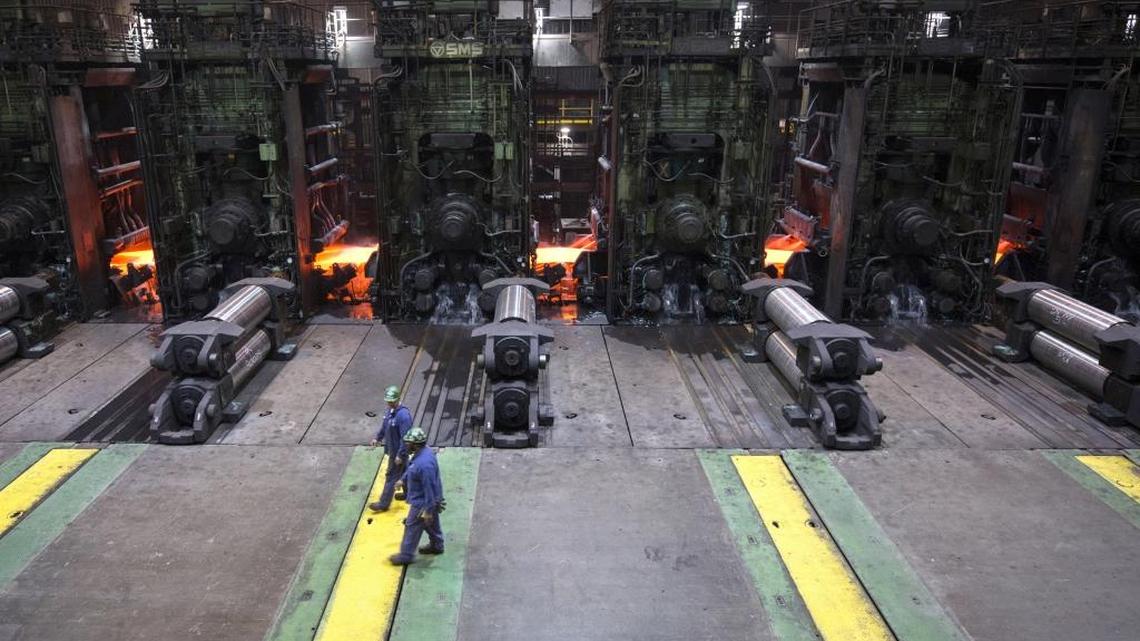 Workers at the Nucor steel mill in Huger, S.C., in April 2017.