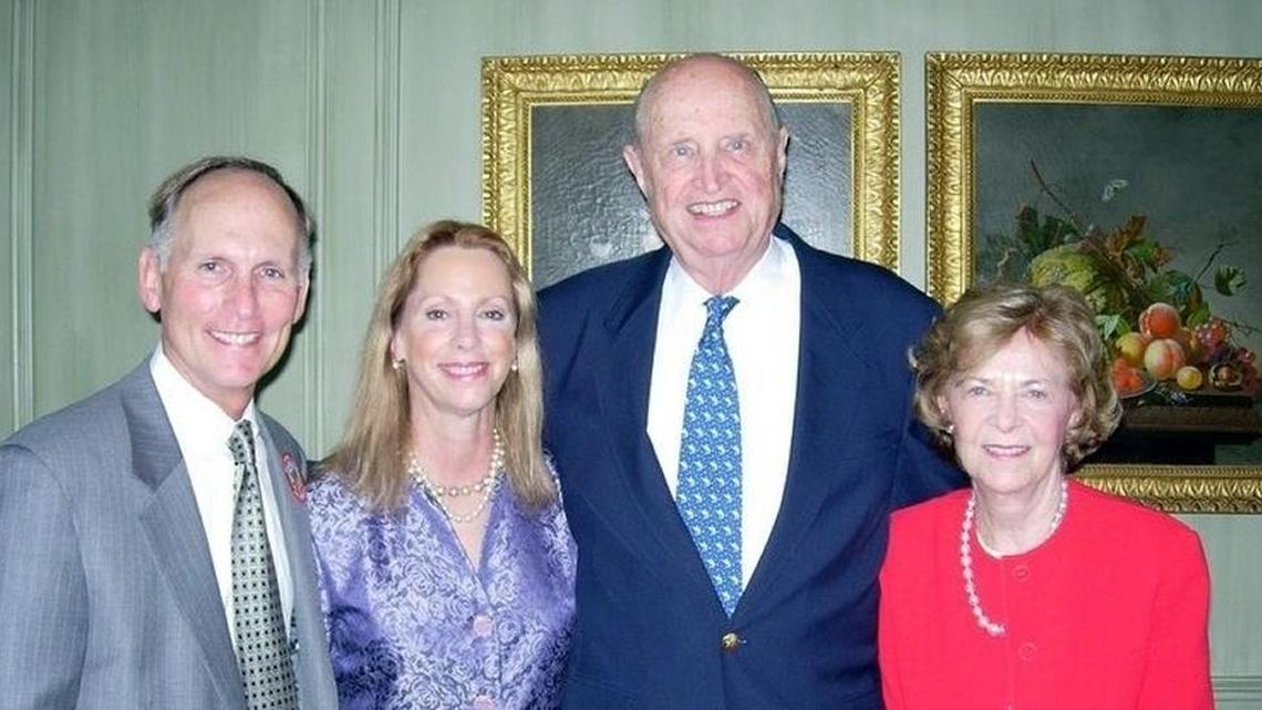 In this file photo, long-time UNC Charlotte benefactor Irwin Belk (second from right) is shown with Chancellor Philip Dubois, his wife, Lisa Lewis Dubois, and Belk’s late wife, Carol.
