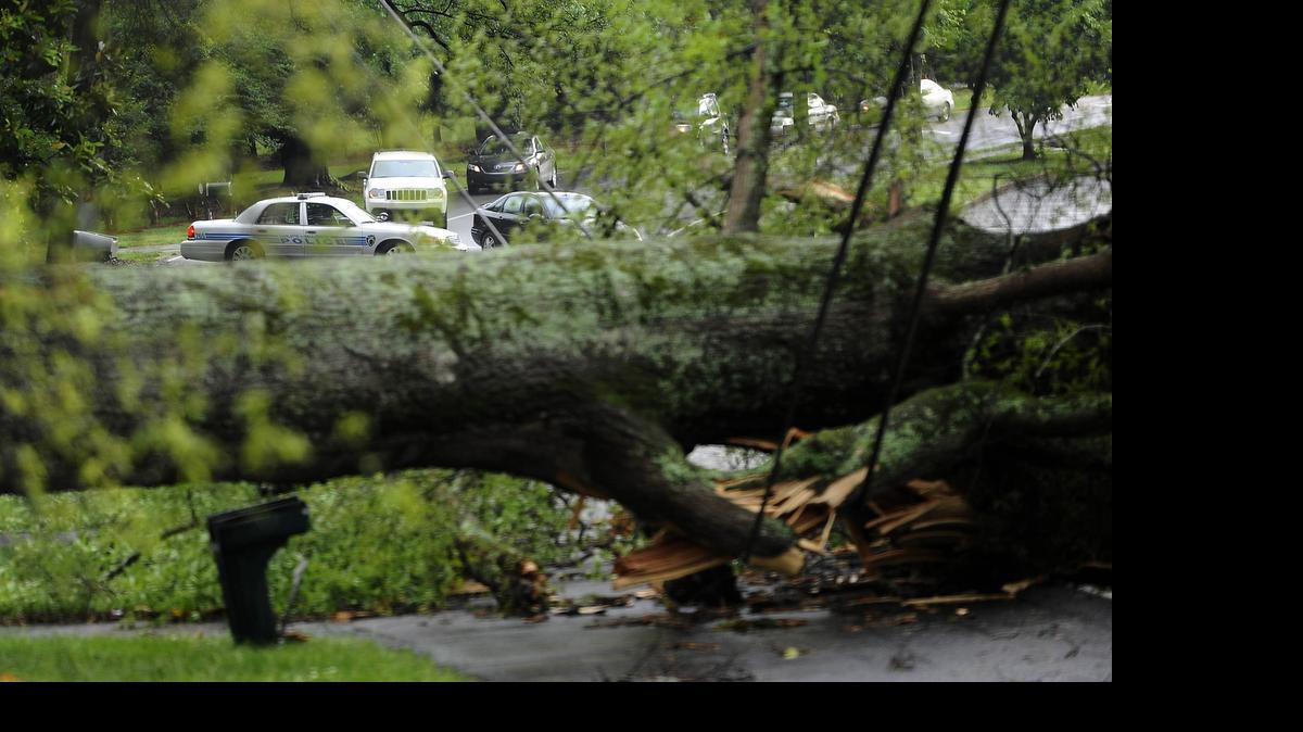 
A Charlotte-Mecklenburg police car diverts traffic off Carmel Road as a tree blocks it, and downs power lines, after a 2013 thunderstorm passed through the area. 

