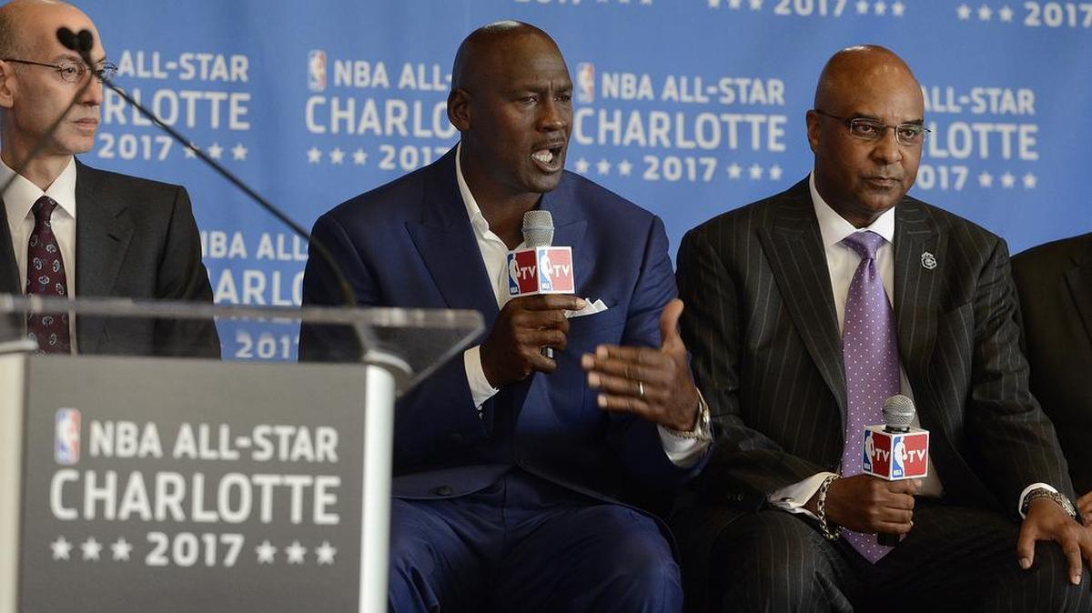 In June 2015, Charlotte Hornets owner Michael Jordan answered questions at a press conference announcing the NBA All-Star Game was coming to Charlotte, flanked by NBA Commissioner Adam Silver (left) and Hornets President Fred Whitfield. On Tuesday, Whitfield told a Charlotte Chamber audience it was “disheartening” to lose the game over House Bill 2.