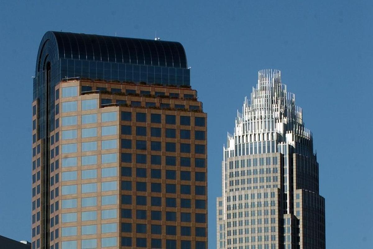 One Wells Fargo Center (left) and the Bank of America Tower in uptown Charlotte