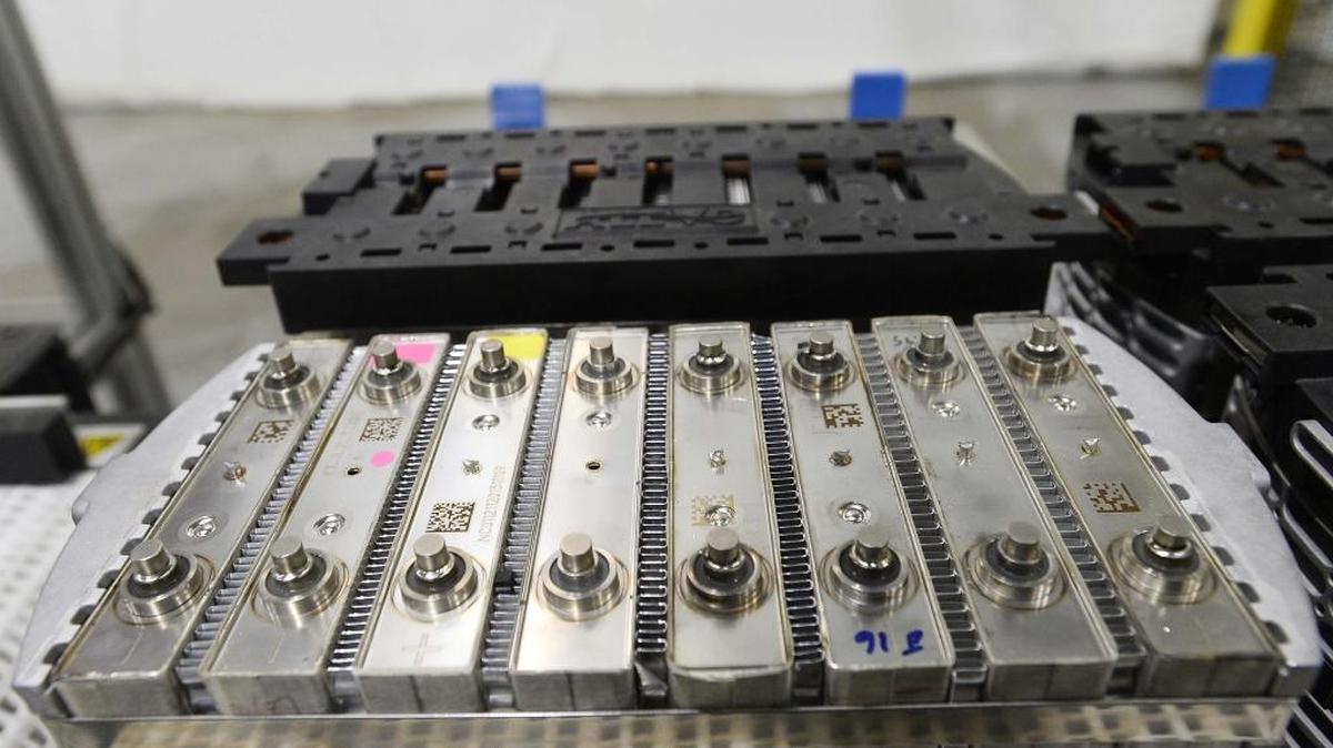 Stainless steel battery cells that Alevo will place in a GridBank energy storage unit at its manufacturing center in Concord.