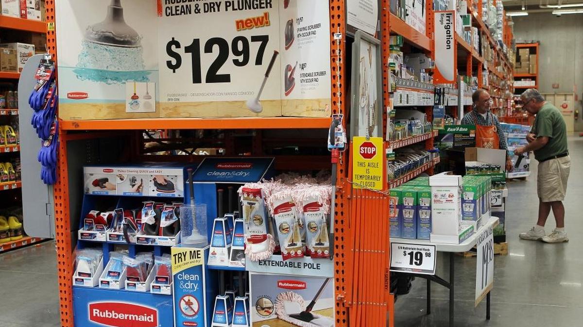 This file photo shows a Rubbermaid display at a Home Depot in Atlanta.