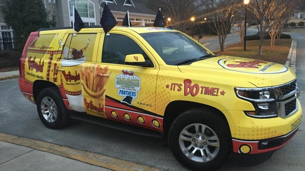 Charlotte-based fast-food chain Bojangles’ said Monday it’s sending a branded vehicle cross country to the Super Bowl to deliver sweet tea to the Carolina Panthers on Friday.