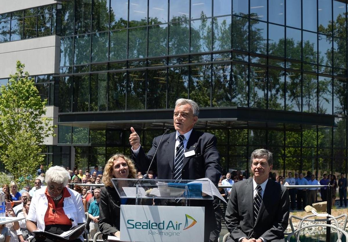 Jerome Peribere, Sealed Air’s then-CEO, speaks as Sealed Air hosted a ribbon-cutting in May 2017 to show off its new campus at 2415 Cascade Pointe Blvd. in Charlotte. The company is facing a lawsuit against Water.io. 