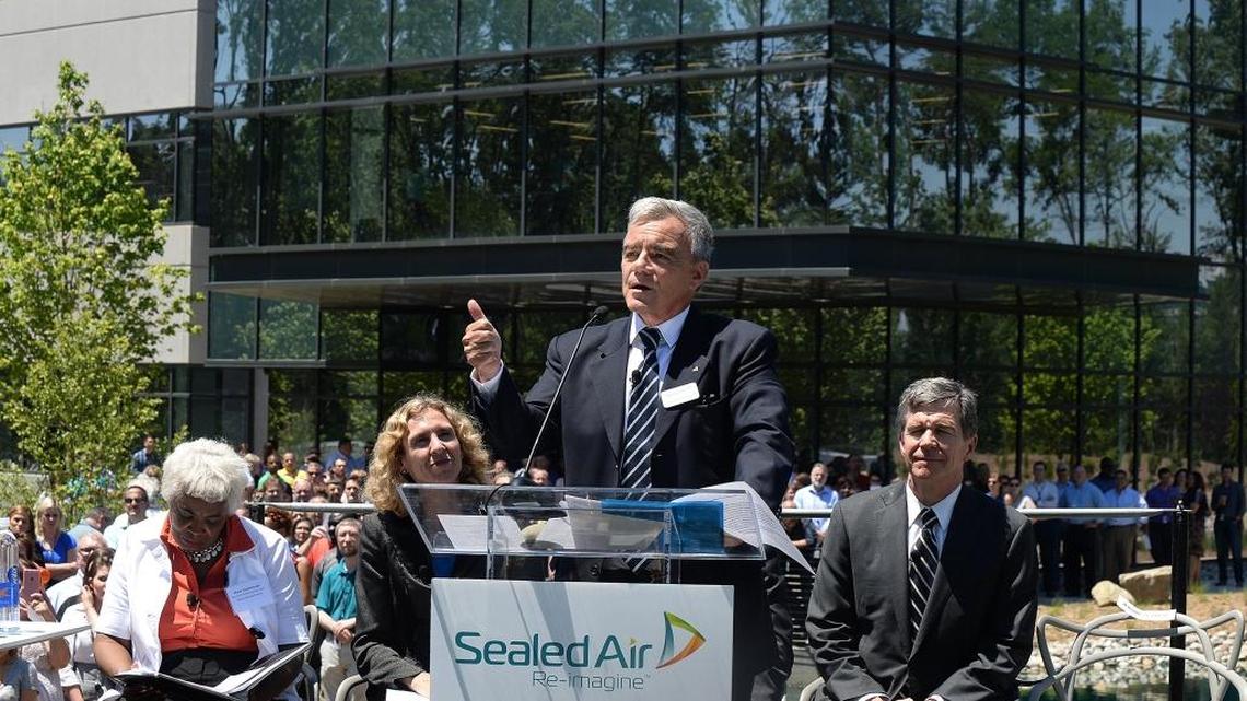 Jerome Peribere, Sealed Air’s then-CEO, speaks as Sealed Air hosted a ribbon-cutting in May 2017 to show off its new campus at 2415 Cascade Pointe Blvd. in Charlotte. The company is facing a lawsuit against Water.io. 