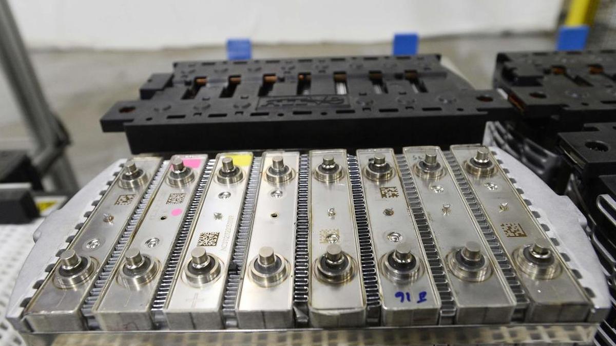 Stainless steel battery cells that will go into a GridBank module on the Alevo production line.