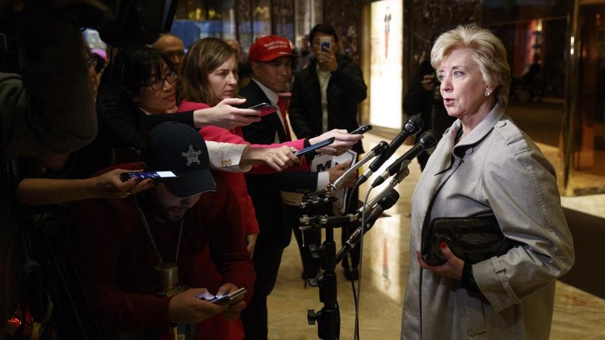 In this Nov. 30, 2016 file photo, Linda McMahon, who grew up in New Bern, talks with reporters after a meeting with President-elect Donald Trump at Trump Tower in New York. President-elect Donald Trump will nominate the wrestling executive to serve as administrator of the Small Business Administration, a Cabinet-level position.