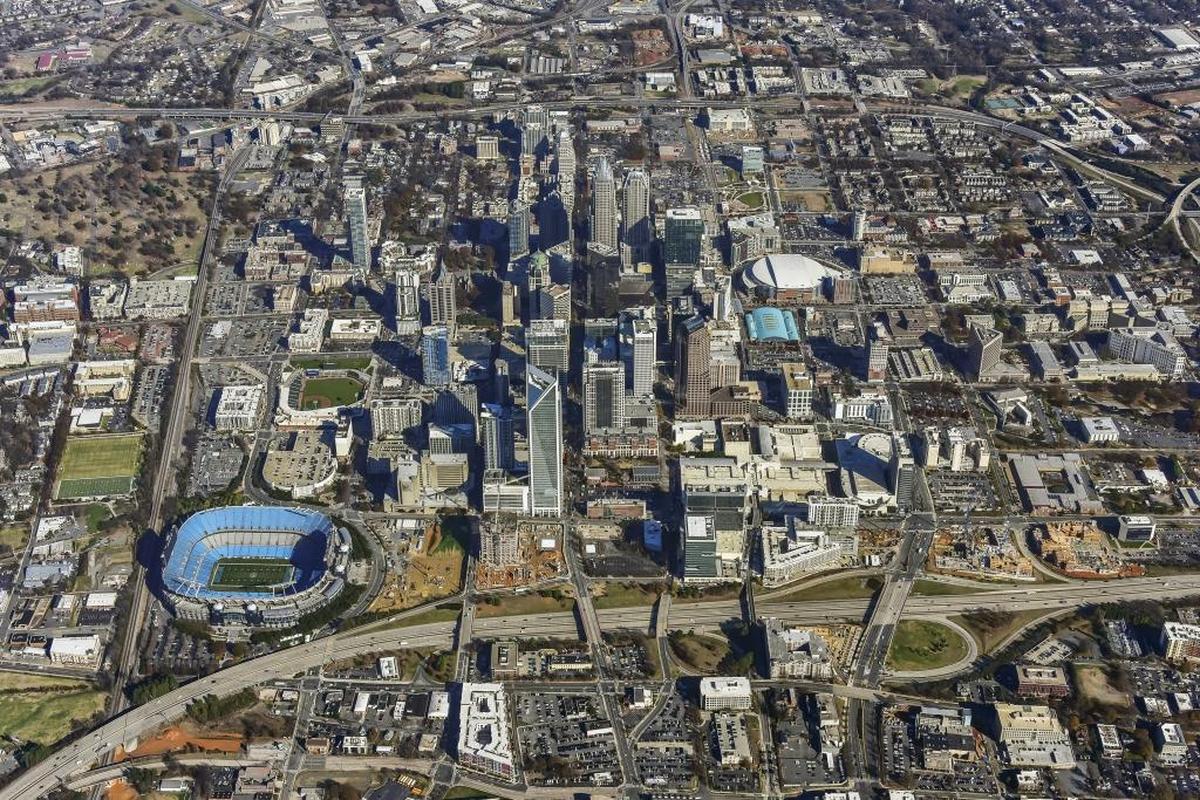 Stonewall Street, running left to right from Bank of America Stadium in this photo, is the busiest corridor of new development in Charlotte, with $2.5 billion worth of projects underway.