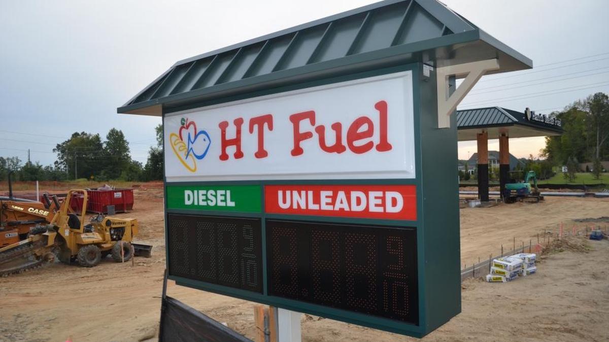 
The digital sign at the new Harris Teeter gas station on U.S. 21 awaits prices as construction continues. No opening date has been announced. 
