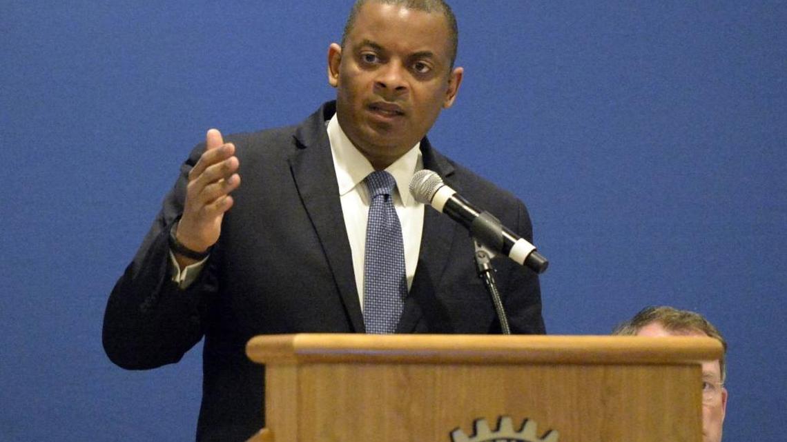 U.S. Transportation Secretary Anthony Foxx talks to the crowd at the Rotary Club of Charlotte's weekly lunch at the Fairfield Inn & Suites on Tuesday, March 29, 2016.
