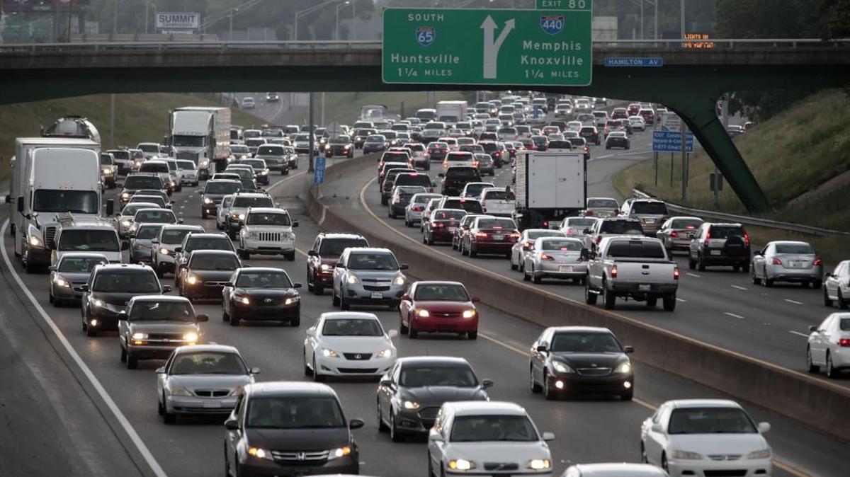 In this June 26, 2015 file photo, heavy traffic moves away from and toward the downtown area of Nashville, Tenn. While Congress remains stalled on a long-term highway funding plan, state lawmakers and governors arenÂ't waiting around. Tennessee Gov. Bill Haslam is seeking to draw attention to the transportation funding challenges facing the state by hosting a 15-stop transportation funding tour across the state. (AP Photo/Mark Humphrey, File)