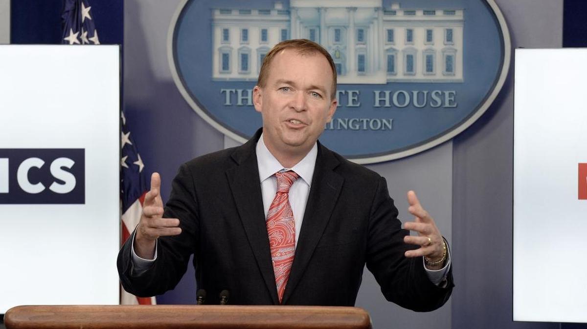 Office of Management and Budget Director Mick Mulvaney speaks at a news briefing at the White House on July 20.