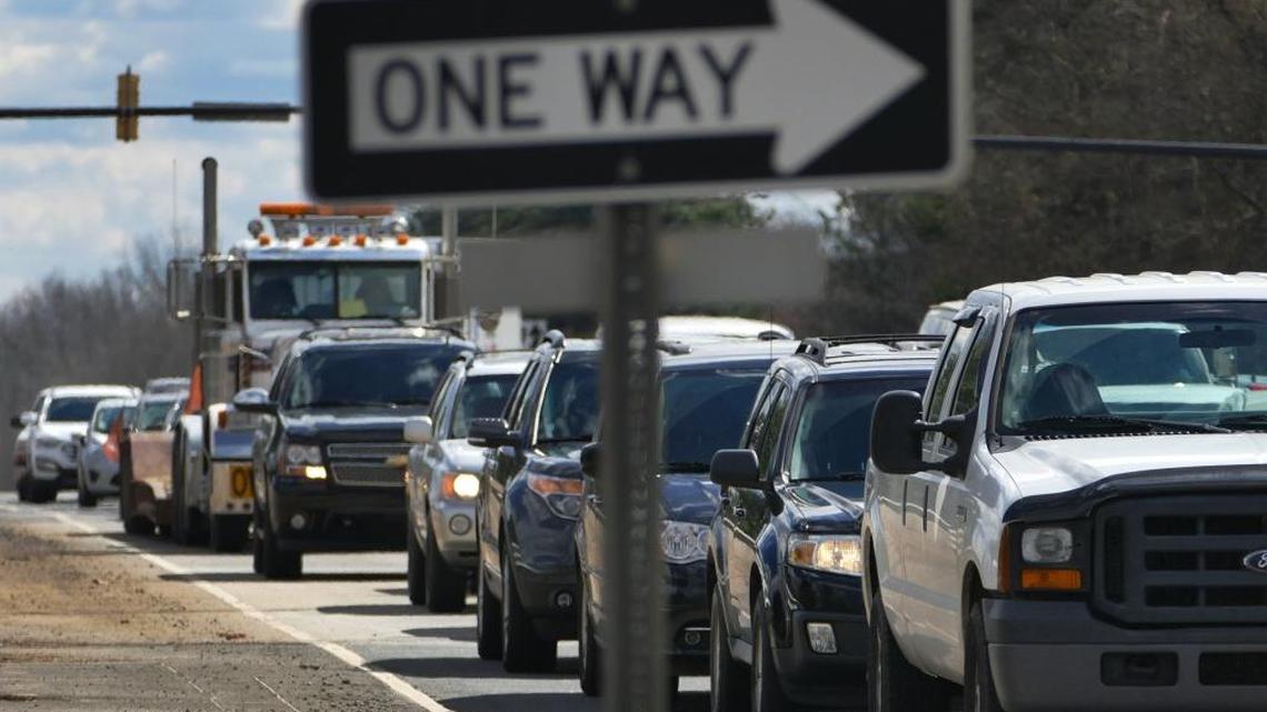 Heavy midday traffic on Highway 160 near Interstate 77 in Fort Mill on Feb. 25.