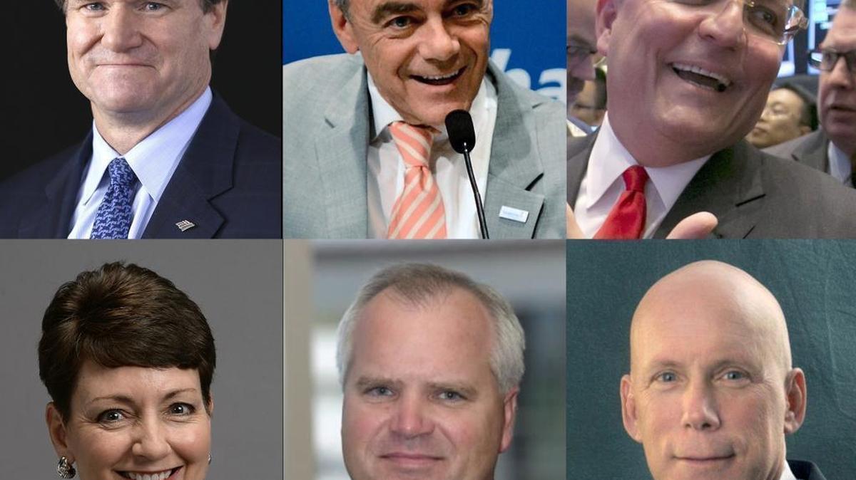 The Charlotte area's highest-paid CEOs. Top row, from left: Bank of America's Brian Moynihan, Sealed Air's Jerome Peribere, Extended Stay America's Gerardo Lopez. Bottom row, from left: Duke Energy's Lynn Good Lowe's Robert Niblock, and Coca-Cola Bottling Co. Consolidated's J. Frank Harrison III.