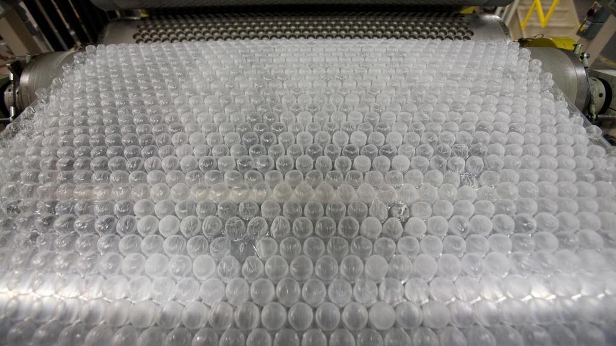 In this Jan. 19, 2010 photo, Bubble Wrap streams out of an extruding line at Sealed Air's plant in Saddle Brook, N.J. Sealed Air is celebrating the 50th anniversary of Bubble Wrap this month.