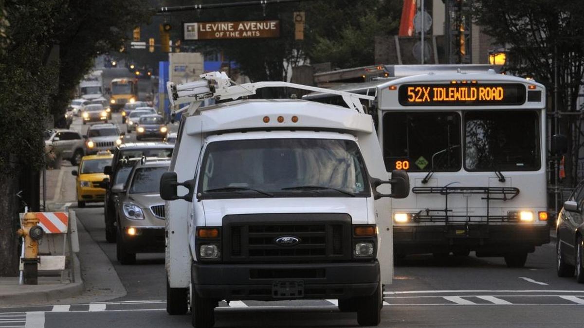 Congested traffic along South Church Street in uptown Charlotte early Friday morning, October 09, 2015.