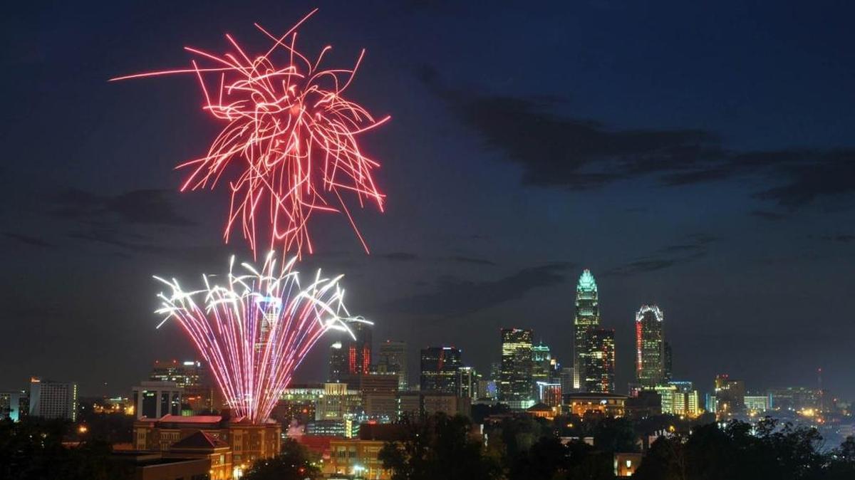 
Fireworks light up the night over the Charlotte skyline.
