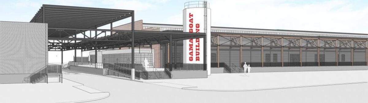 Rendering of the exterior of the Gama Goat Building.