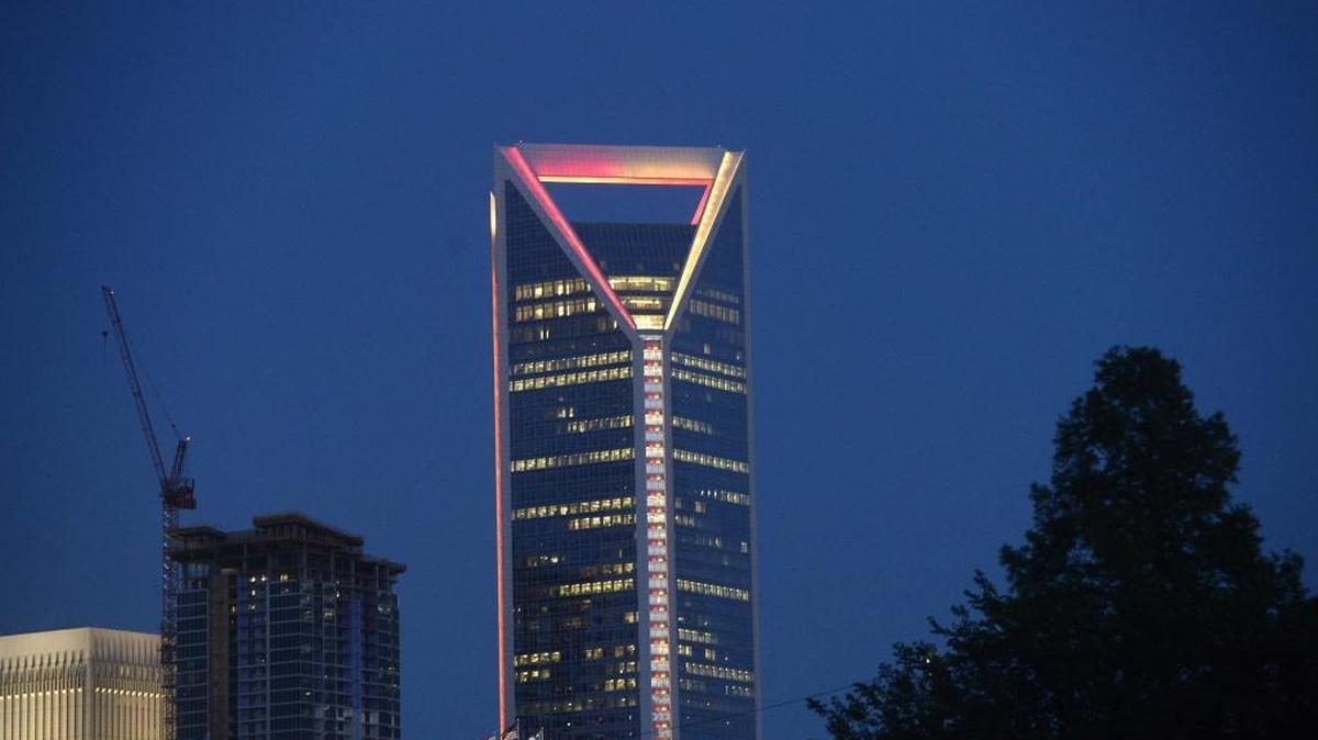 Duke Energy Center lit at night.