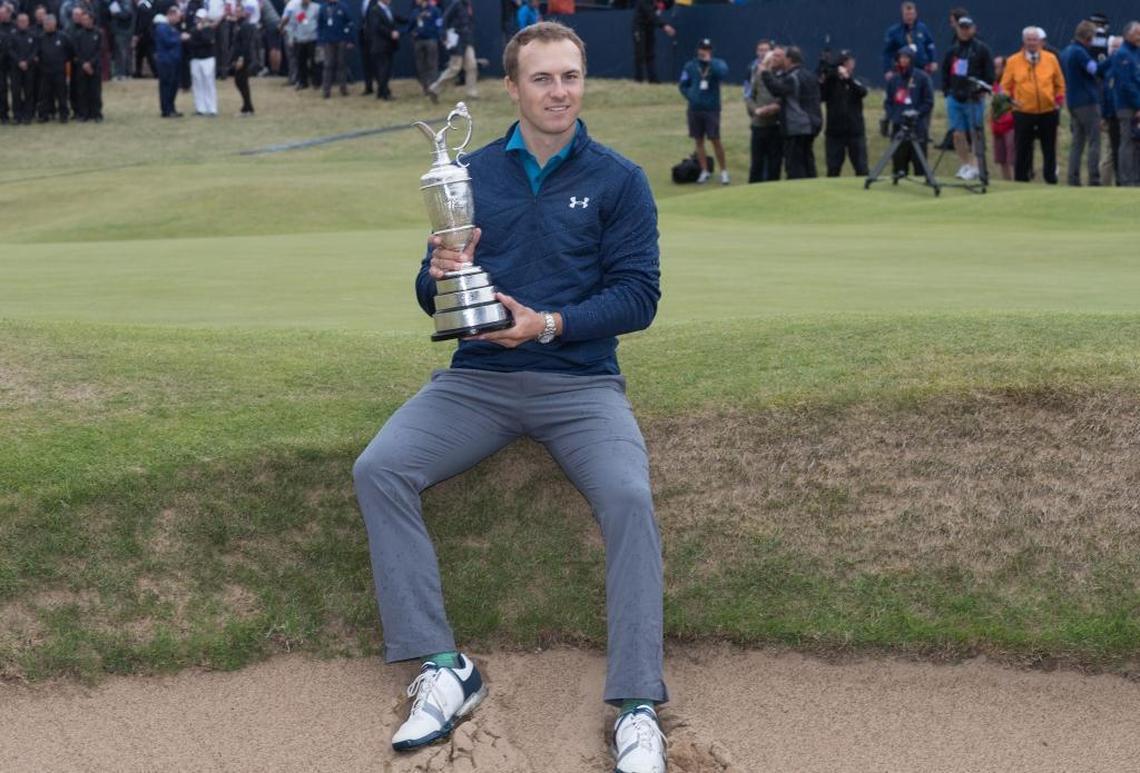 Jordan Spieth wins the British Open and receives the Claret Jug on Sunday July 23.