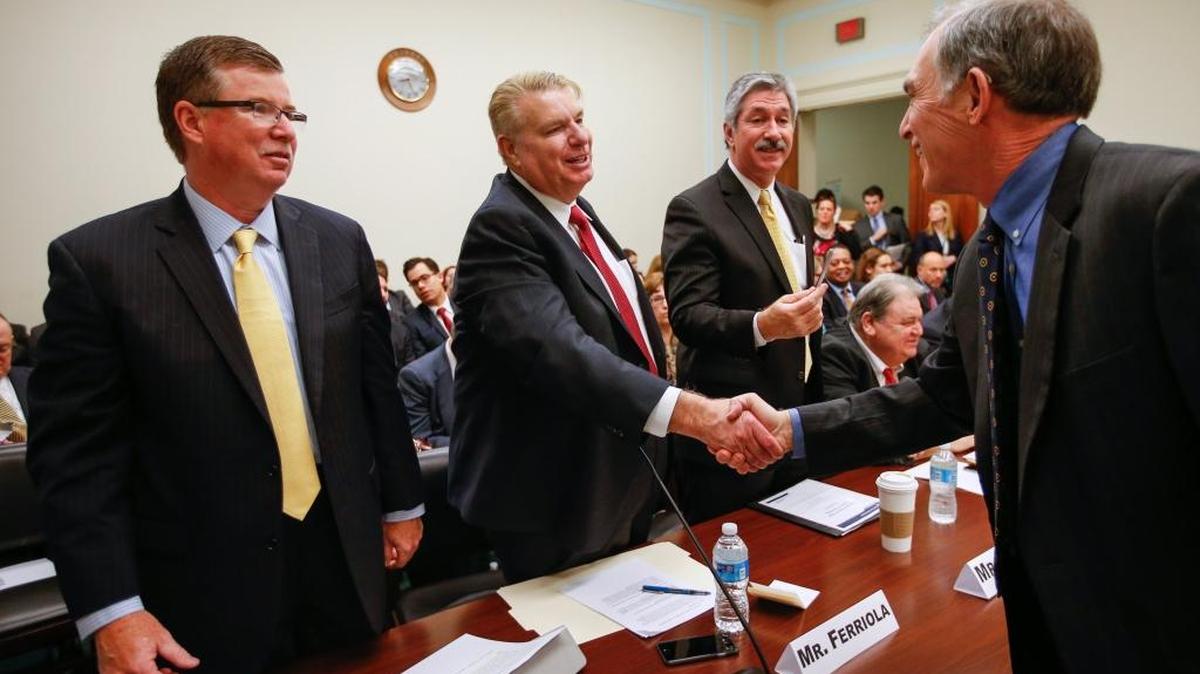 Nucor CEO John Ferriola (center) has received the Association for Iron & Steel Technology’s Steelmaker of the Year award, the Charlotte-based company said Tuesday. In this photo, he and other steel industry leaders meet with Congressional Steel Caucus Vice Chair Rep. Pete Visclosky, D-Ind.