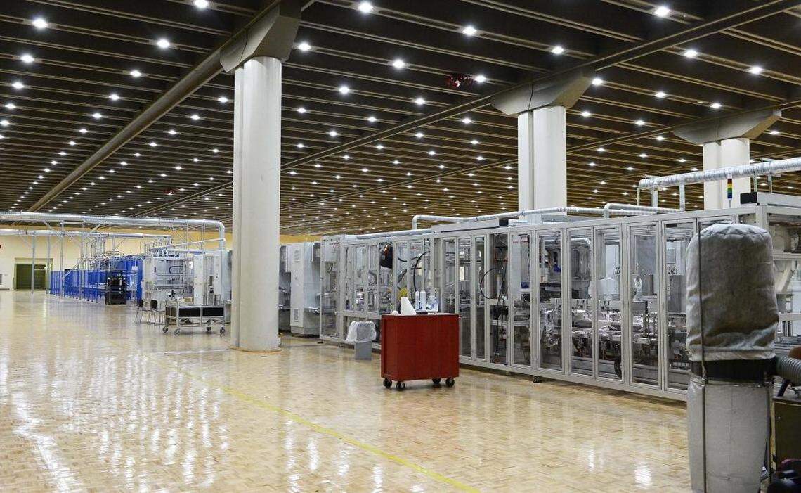 Alevo’s production line, where battery cells are manufactured before going into a GridBank on the first floor in the old Philip Morris cigarette plant in Concord.