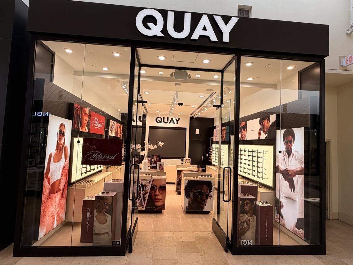 The first image shows the exterior of a brightly lit QUAY eyewear store located inside a mall. Large glass windows display mannequins and promotional images of people wearing sunglasses, with the store’s name in white text above the entrance.