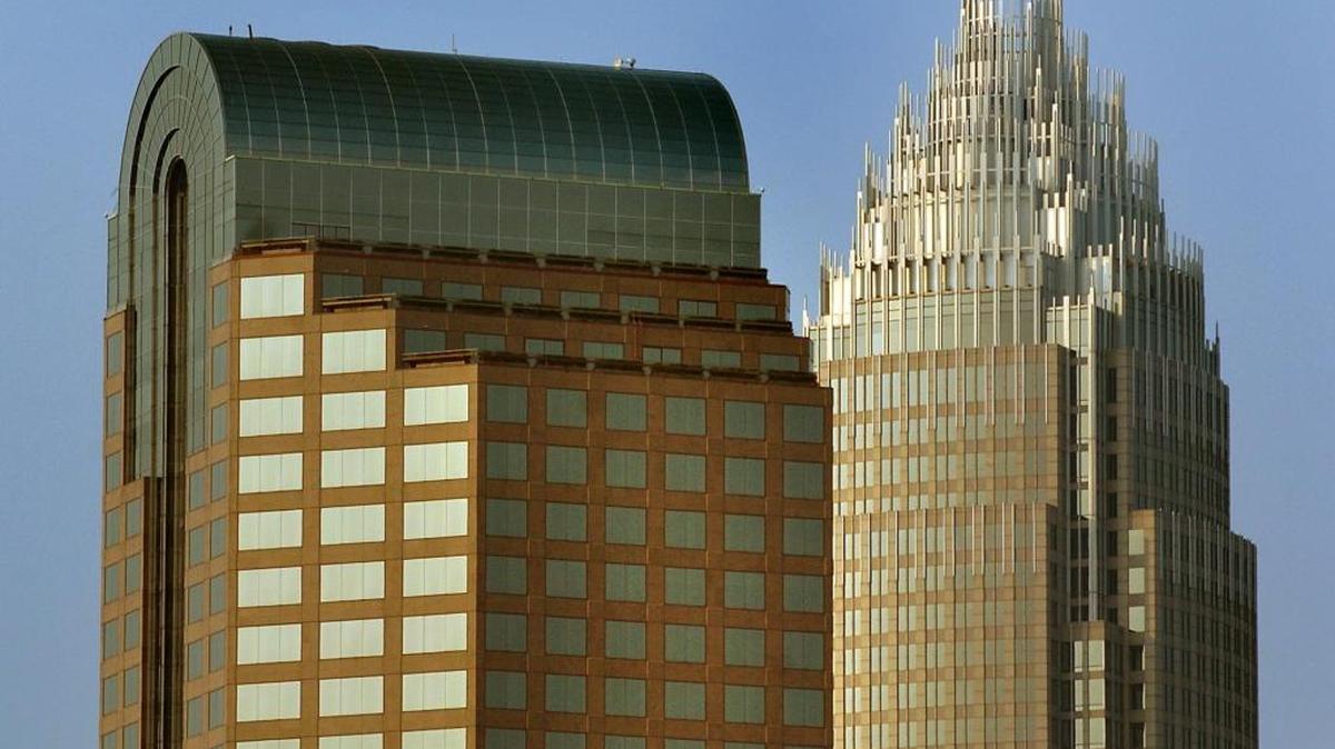 One Wells Fargo Center and Bank of America buildings in uptown Charlotte.