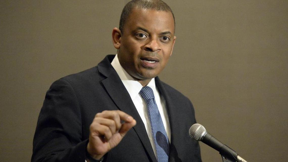 U.S. Transportation Secretary Anthony Foxx talks to the media after addressing the Rotary Club of Charlotte in March.