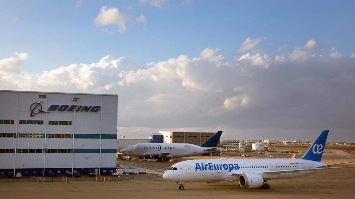 A Boeing Dreamliner 787 with AirEuropa livery moves past Boeing’s final assembly facility in North Charleston, South Carolina.