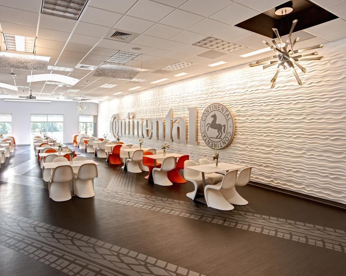 Monika Nessbach, owner of Designbar, designed this space for Continental Tire’s corporate headquarters in Fort Mill while she was still an employee there. She’s a fan of these Verner Panton chairs she used in the project, and has a set in her home office, too.