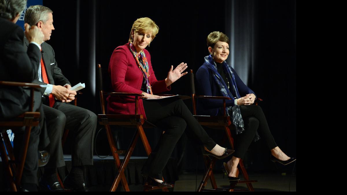 
Susan DeVore, center, chief executive of Charlotte-based health care company Premier, speaks on a panel with Lynn Good, right, CEO of Charlotte-based Duke Energy. DeVore and Good are two of three women who head North Carolina’s 50 largest public companies.
