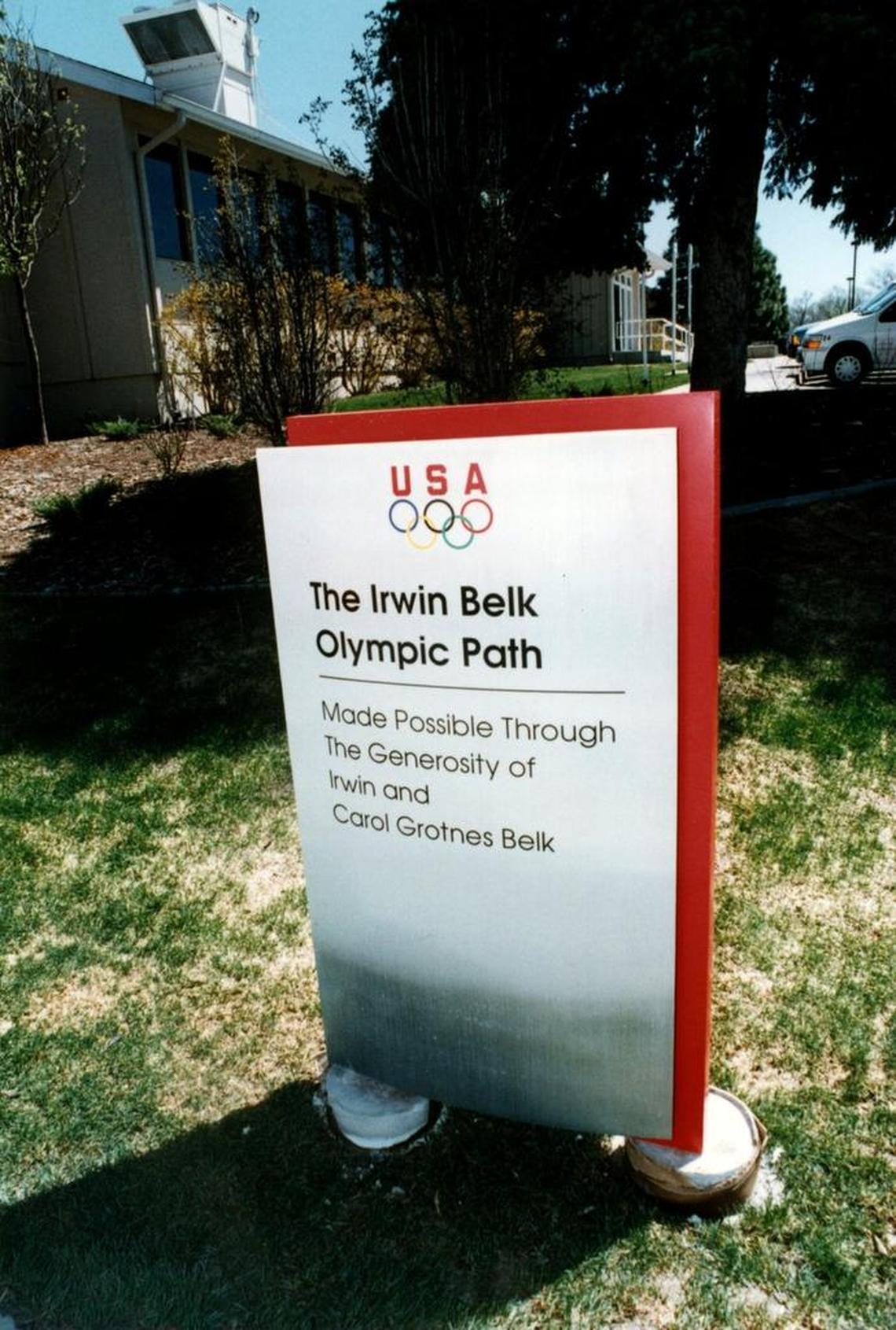 This file photo shows a sign honoring Irwin and Carol Grotnes at the Olympic Training Complex in Colorado Springs, Colo.