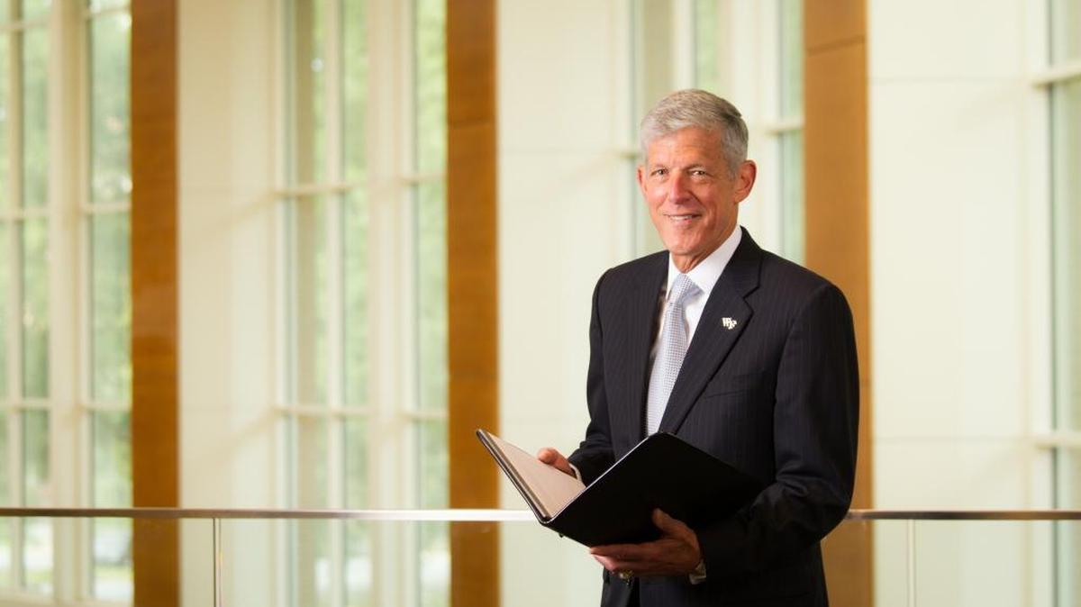Retired Wake Forest School of Business Dean, Steve Reinemund, speaks on leadership at the WFU Charlotte Center on Saturday, Dec. 19.